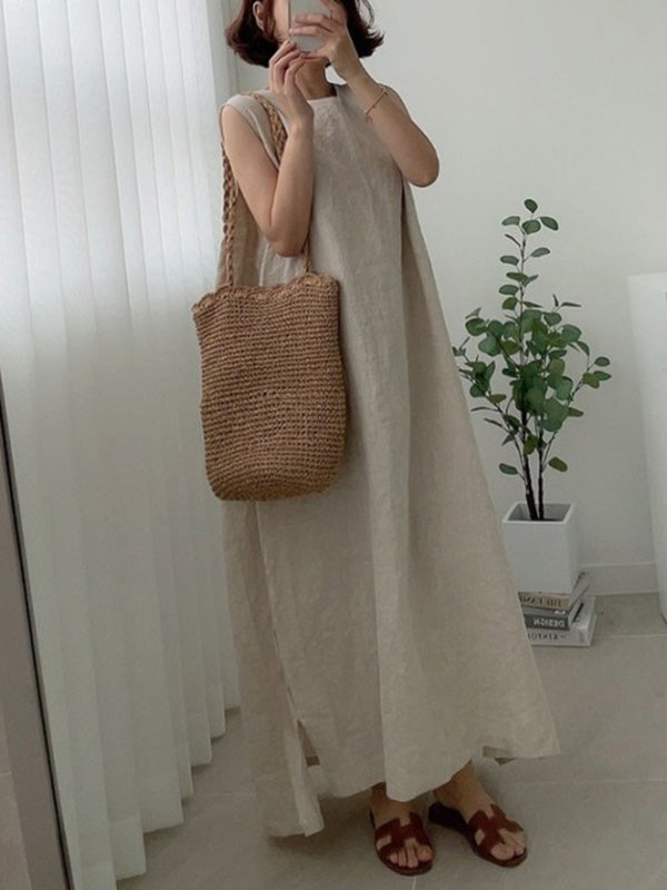 Casual Simple Solid Color Split-Side Round-Neck Sleeveless Midi Dress