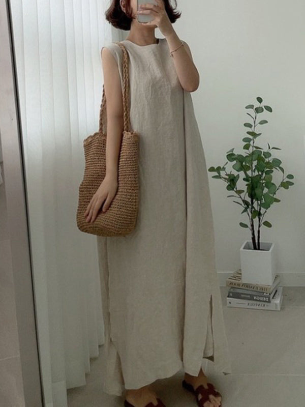 Casual Simple Solid Color Split-Side Round-Neck Sleeveless Midi Dress