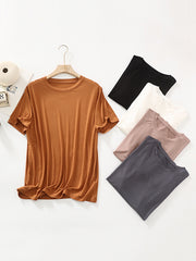 Loose Short Sleeves Solid Color Split-Joint Round-Neck T-Shirts Tops