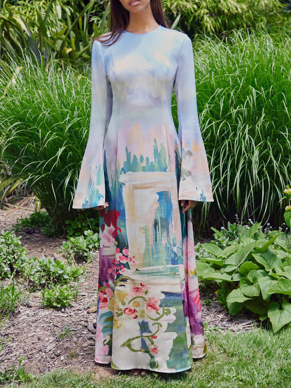 Exquisite Satin Graffiti Print Trumpet Sleeve Maxi Dress