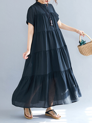 Vintage Loose Split-Joint Pleated Short Sleeves Round-Neck Midi Dress