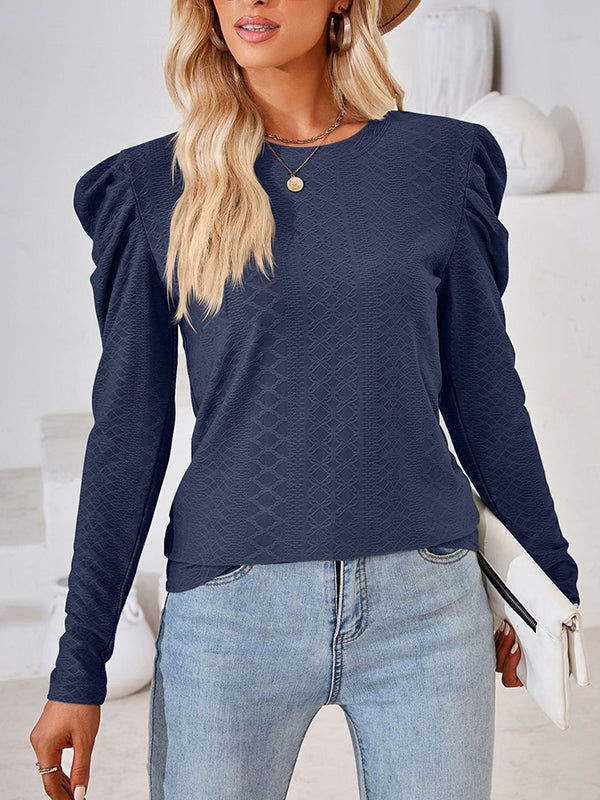 Long Sleeves Loose Pleated Solid Color Round-Neck T-Shirts Tops