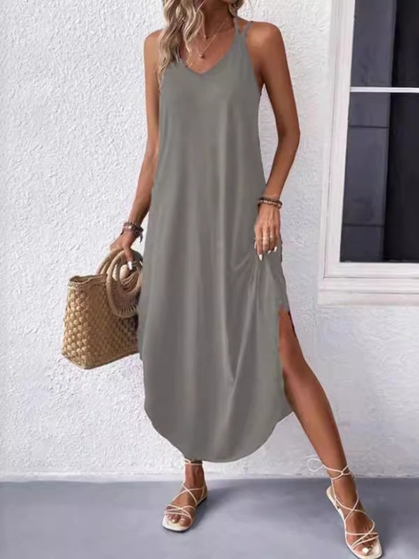 Loose Plus Size Solid Color Spaghetti-Neck Maxi Dresses