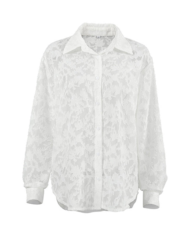 Long Sleeves Loose Jacquard See-Through Split-Joint Lapel Blouses&Shirts Tops