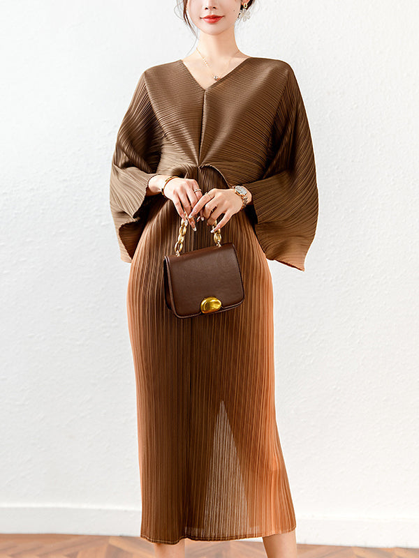 Fashion Loose Batwing Sleeves Gradient Pleated Midi Dress