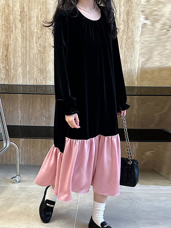 Flared Sleeves Long Sleeves Contrast Color Pleated Ruffled Split-Joint Velvet Round-Neck Midi Dresses