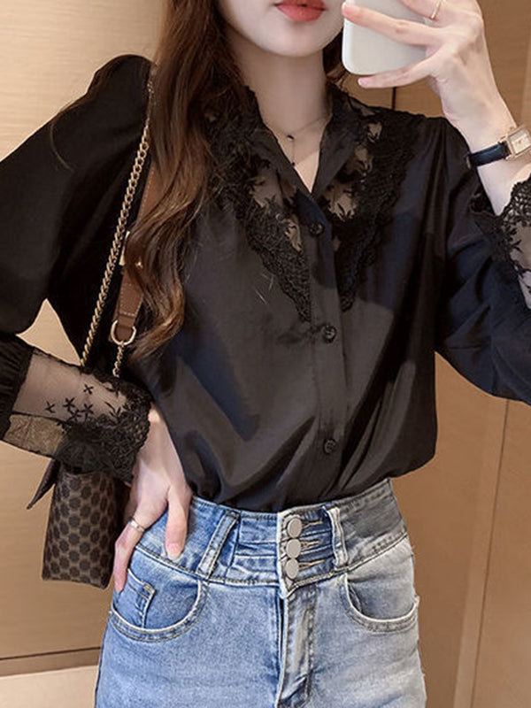 Urban Black White Lace Split-Joint Hollow Blouse