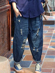 Vintage Elasticity Hollow 3/4 Jean Pants