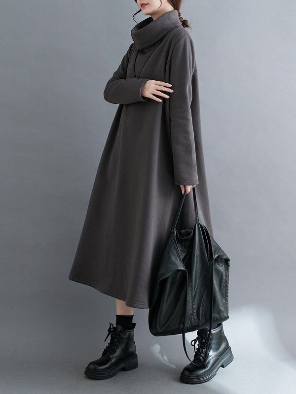 A-Line Long Sleeves Asymmetric Solid Color Zipper High Neck Midi Dresses