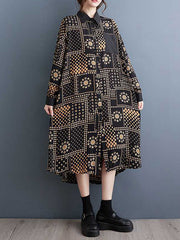 A-Line High-Low Asymmetric Buttoned Pockets Printed Split-Joint Lapel Midi Dresses