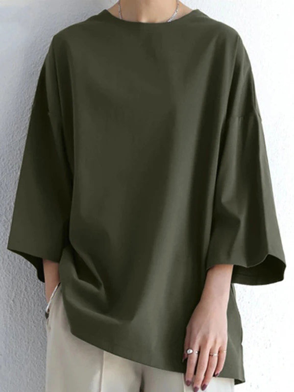 Flared Sleeves Long Sleeves Solid Color Round-Neck T-Shirts Tops