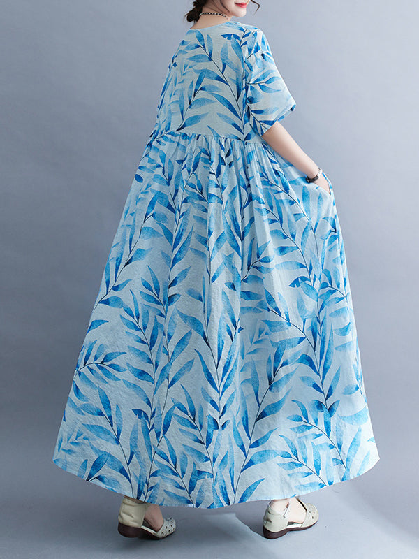 Loose Short Sleeves Leaf Pleated Printed Split-Joint Round-Neck Midi Dresses