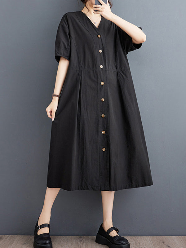 A-Line Loose Buttoned Pockets Solid Color V-Neck Midi Dresses