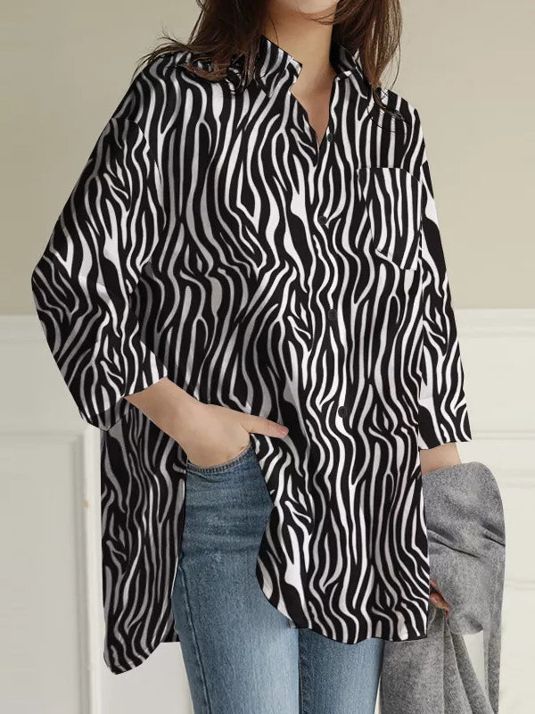 High-Low Long Sleeves Buttoned Pockets Split-Side Zebra-Stripe Lapel Blouses&Shirts Tops