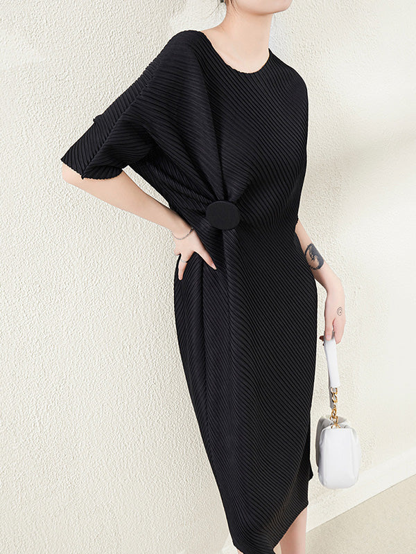 Stylish Irregularity Loose Pleated Solid Color Round-Neck Midi Dresses