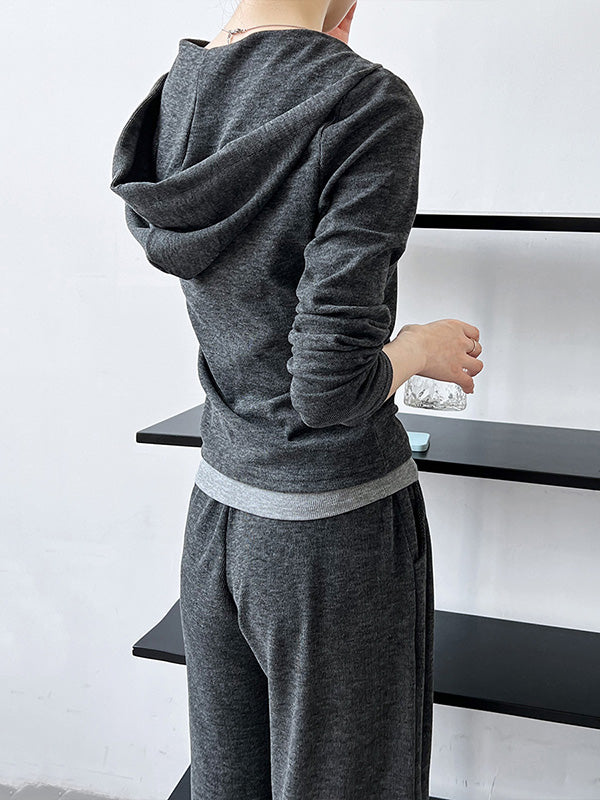 Long Sleeves Buttoned Hooded  T-Shirts Top + Vest Top + Wide Leg Drawstring Elasticity Pants Bottom Three Pieces Set