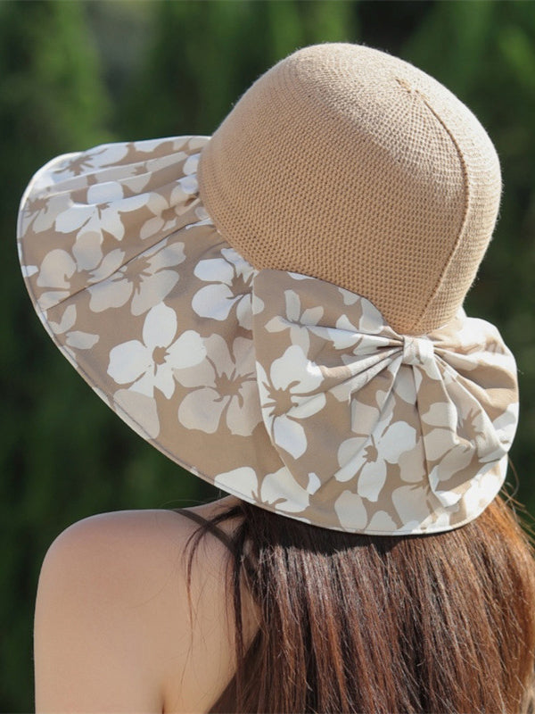 Bowknot Flower Print Pleated Split-Joint Sun Protection Fisherman Hat Sun Hat