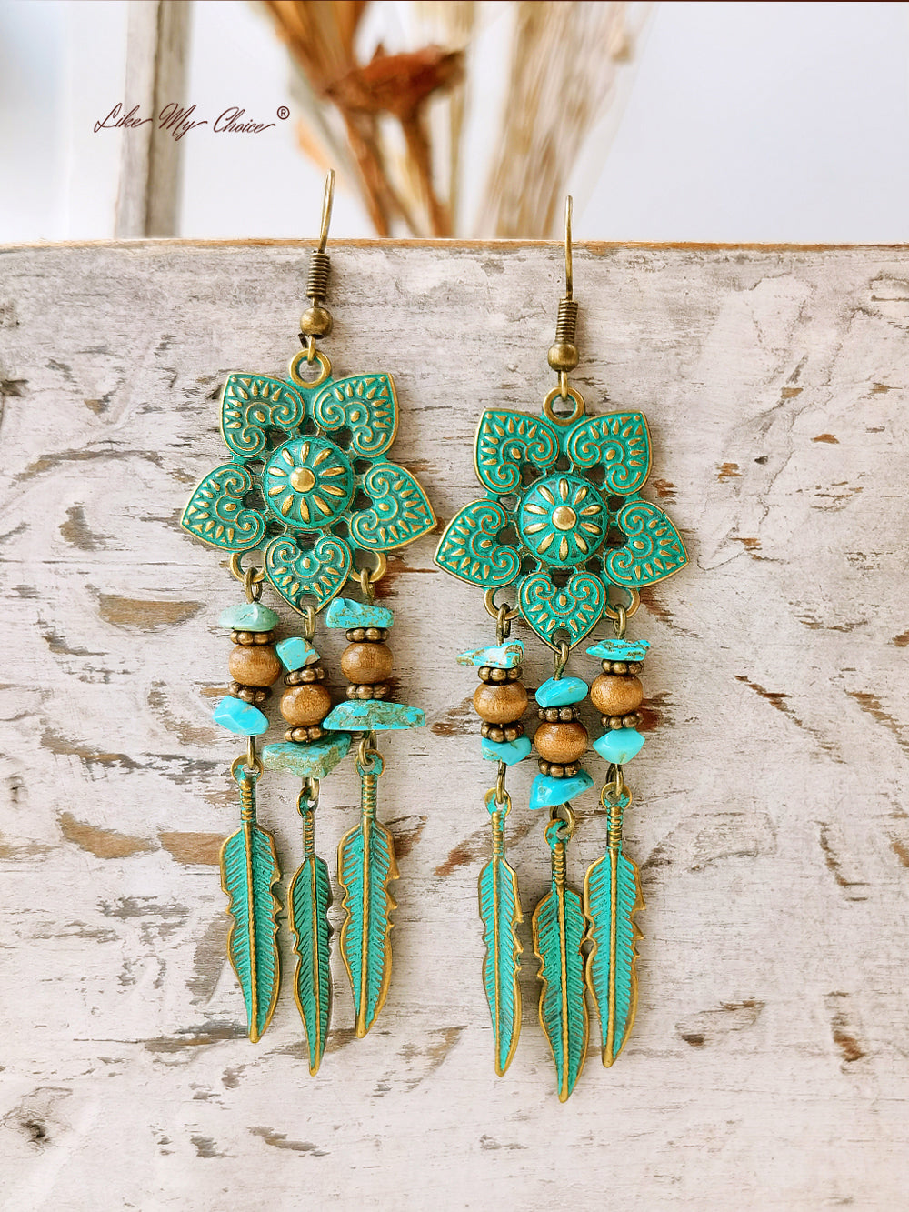 Antique Green Flower Boho Ethnic Dangle Drop Earrings