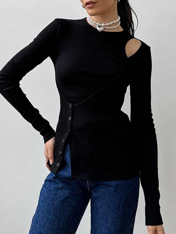 False Two Long Sleeves Asymmetric Buttoned Hollow Solid Color Split-Joint Round-Neck T-Shirts Tops