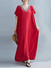 Casual Artistic Retro Striped V-Neck Short Sleeves Maxi Dress