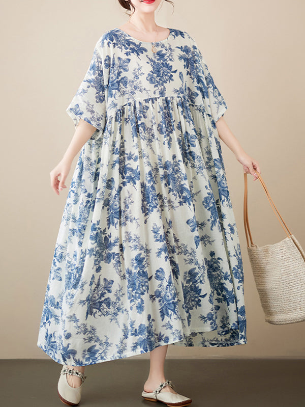 Loose Short Sleeves Floral Printed Pleated Split-Joint Round-Neck Midi Dresses