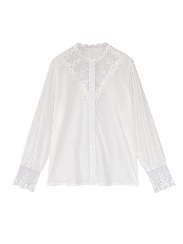 Urban Black White Lace Split-Joint Hollow Blouse