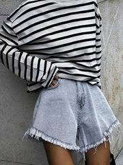 Long Sleeves Loose Contrast Color Striped Round-Neck T-Shirts Tops