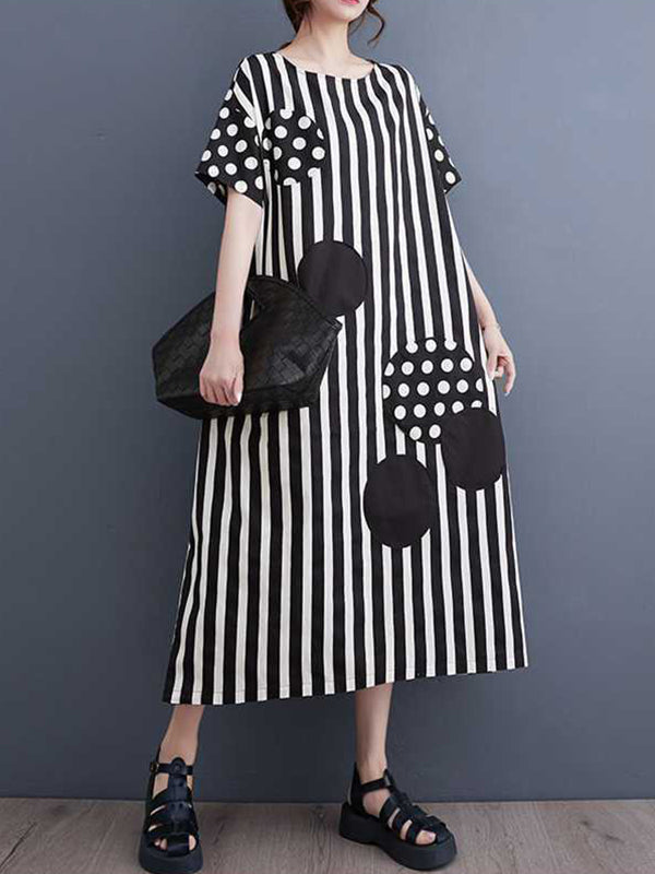 Loose Short Sleeves Polka-Dot Striped Round-Neck Midi Dresses