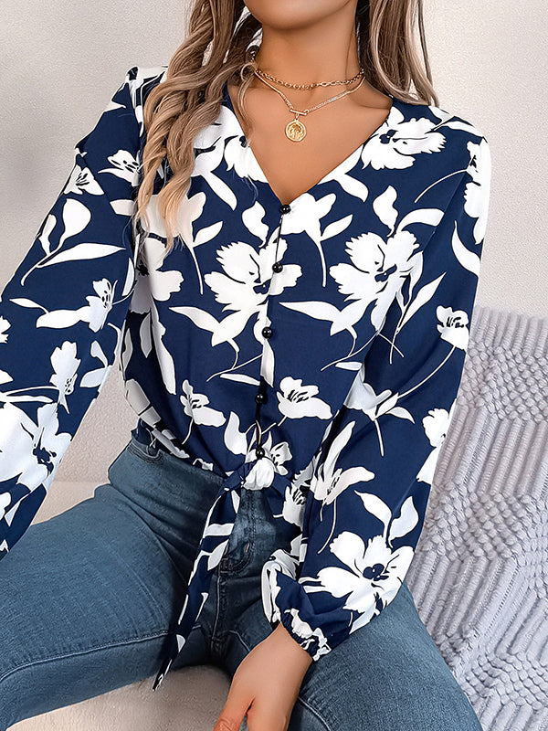 Long Sleeves Loose Buttoned Elasticity Flower Print Tied V-Neck Blouses&Shirts Tops