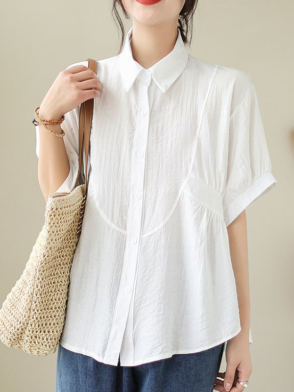 Half Sleeves Loose Pleated Solid Color Split-Joint Lapel Blouses&Shirts Tops