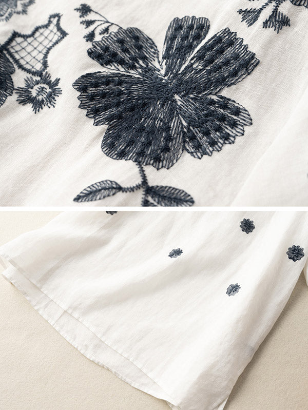 Vintage Embroidered Round-Neck Short Sleeves Shirts