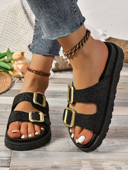 Belt Buckle Hollow Open Toe Shiny Sandals Slippers