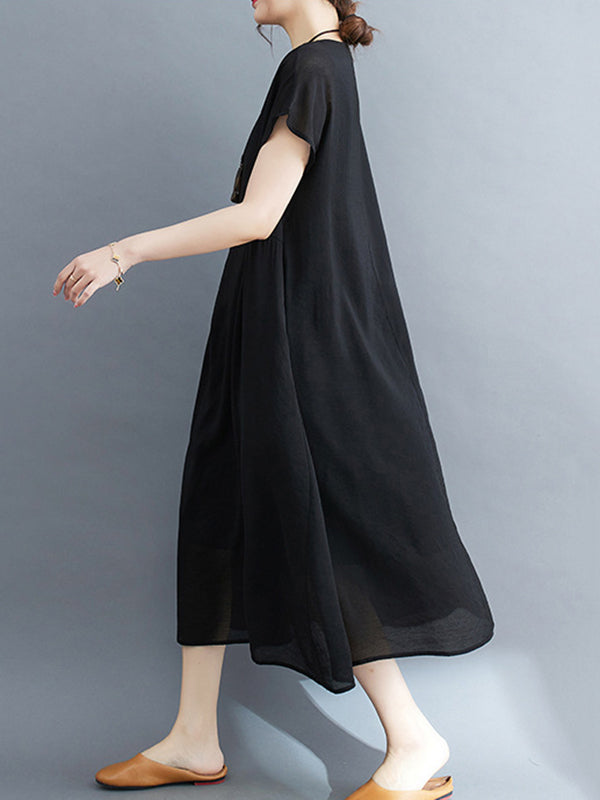 Loose Short Sleeves Solid Color Split-Joint Round-Neck Midi Dresses