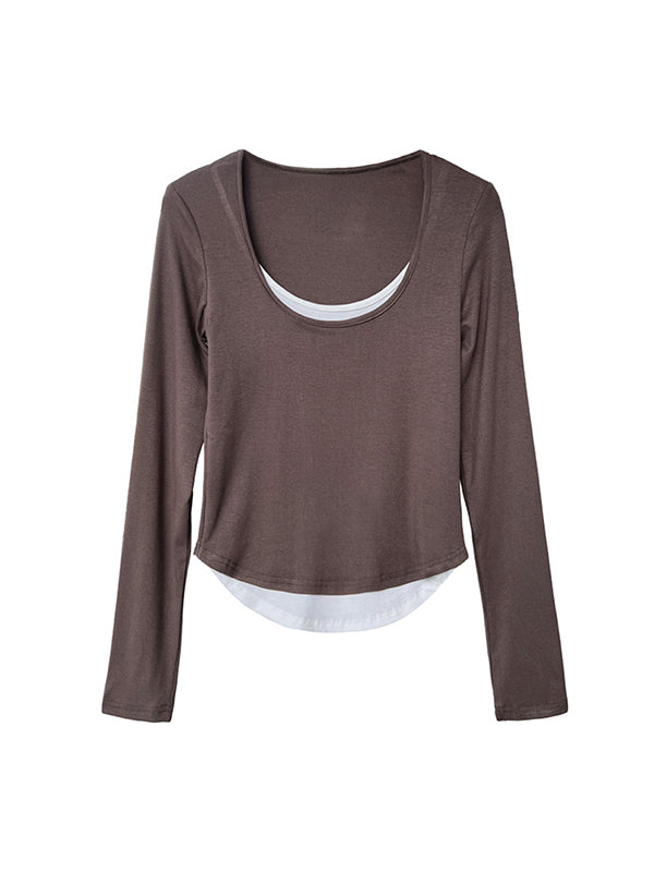 False Two Long Sleeves Contrast Color Round-Neck T-Shirts Tops