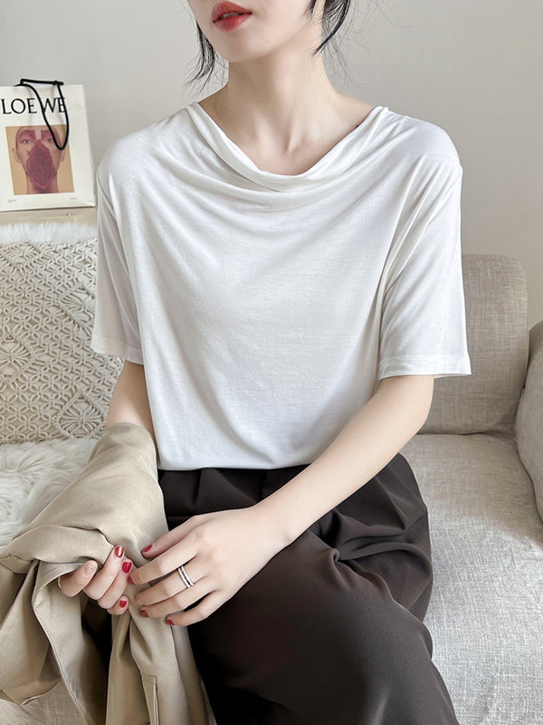 Short Sleeves Pleated Solid Color Heaps Collar T-Shirts Tops