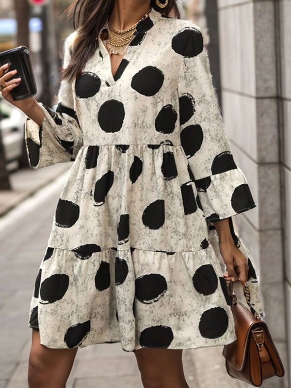 A-Line Flared Sleeves Pleated Polka-Dot Split-Joint V-Neck Mini Dresses