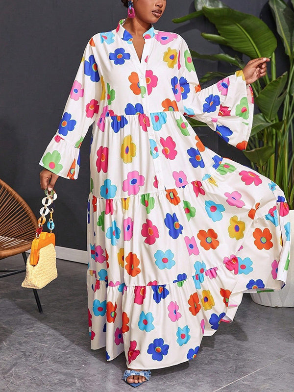 Flared Sleeves Loose Buttoned Flower Print Split-Joint Stand Collar Maxi Shirt Dresses