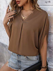 Batwing Sleeves Loose Solid Color Split-Joint V-Neck T-Shirts