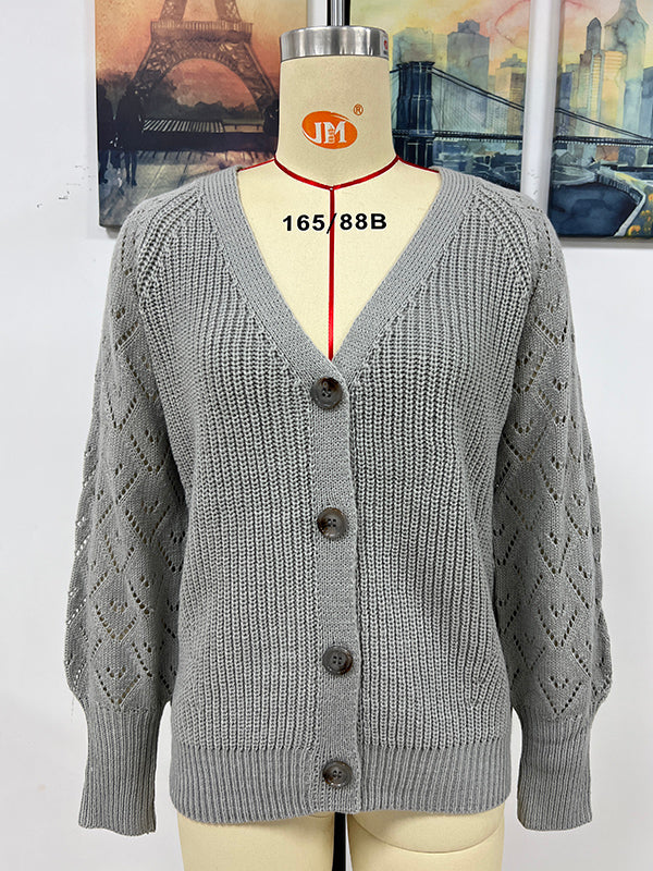 Casual Long Sleeves Loose Solid Color V-Neck Cardigan Tops