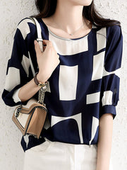 Loose Three-Quarter Sleeves Printed Split-Joint Round-Neck Blouses&Shirts Tops