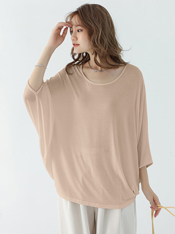 Vintage Loose Round-Neck Batwing Sleeves Shirts