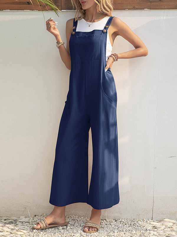 Loose Wide Leg Solid Color Square-Neck Overalls