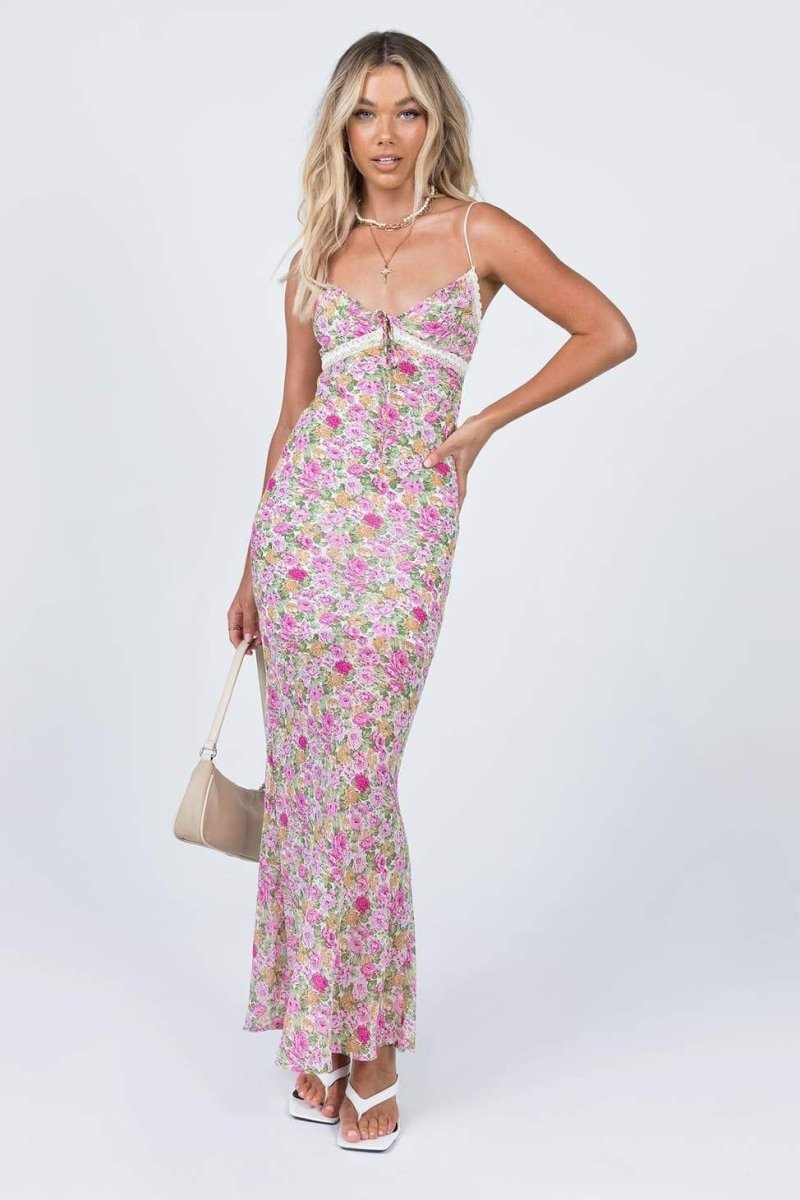 Angelica Printed Shirred Maxi Slip Dress