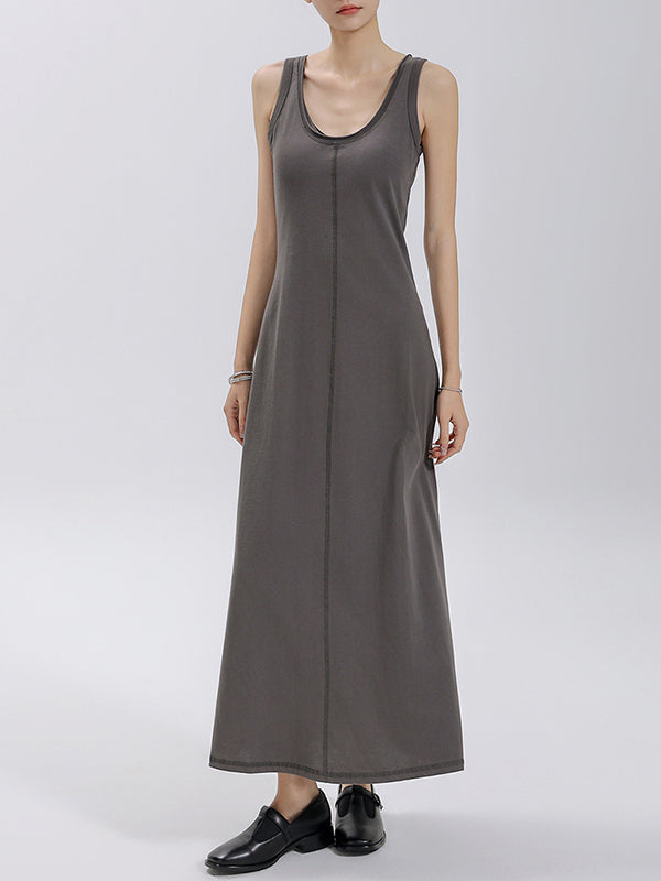 Loose Sleeveless Solid Color Split-Joint Round-Neck Maxi Dresses