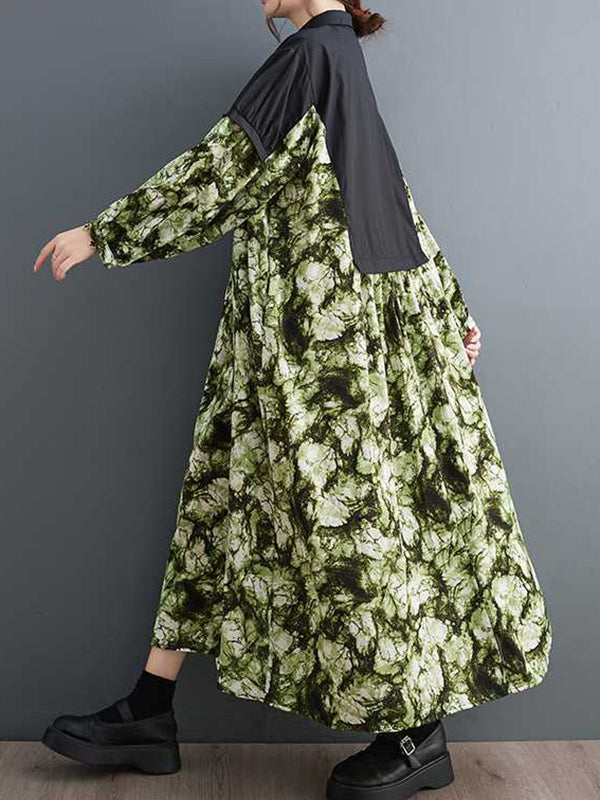 Long Sleeves Loose Buttoned Printed Split-Joint Lapel Midi Dresses