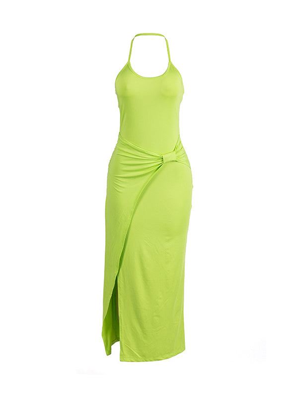 Skinny Sleeveless Backless Pleated Solid Color Split-Joint Split-Side Halter-Neck Maxi Dresses