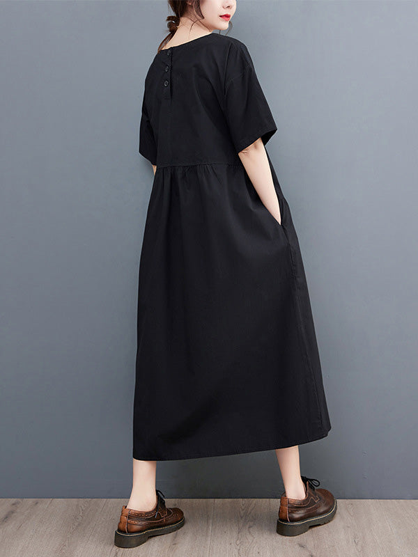 Casual Half Sleeves Loose Solid Color Round-Neck Midi Dresses