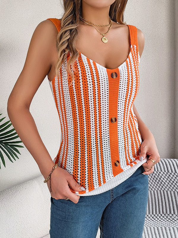 Loose Sleeveless Buttoned Contrast Color Hollow Spaghetti-Neck Vest Top