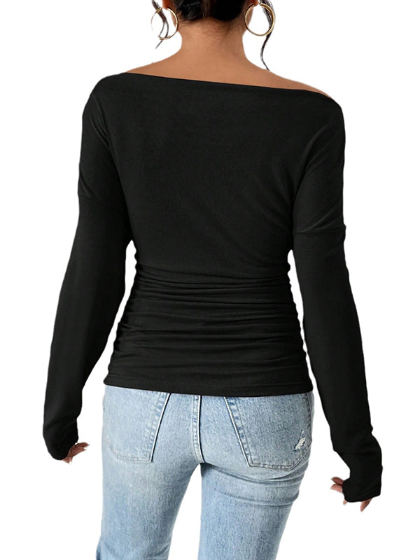 Long Sleeves Skinny Solid Color One-Shoulder T-Shirts Tops