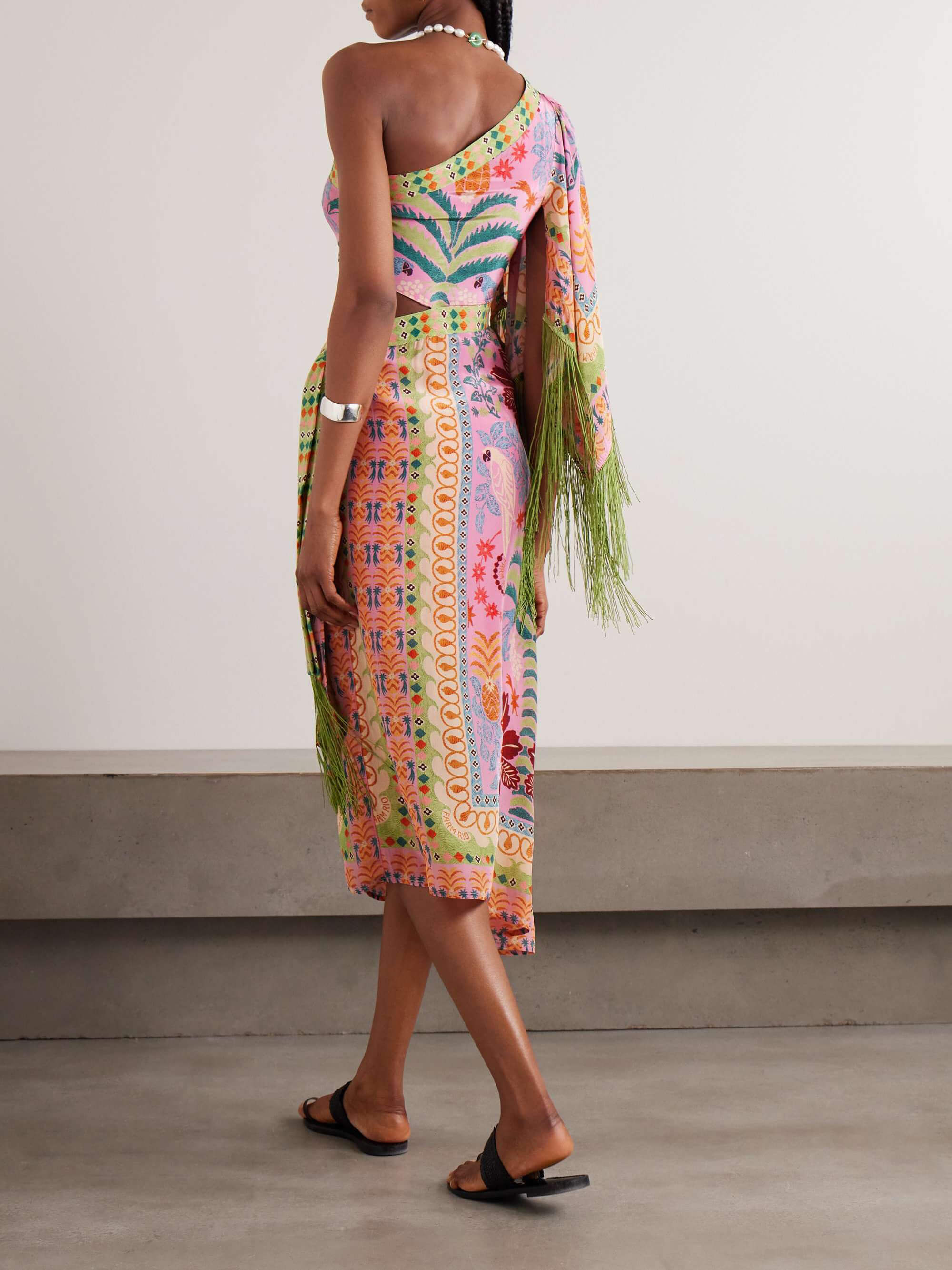 Fine Satin Art Palm Tree Floral Print Fringed Midi Dress